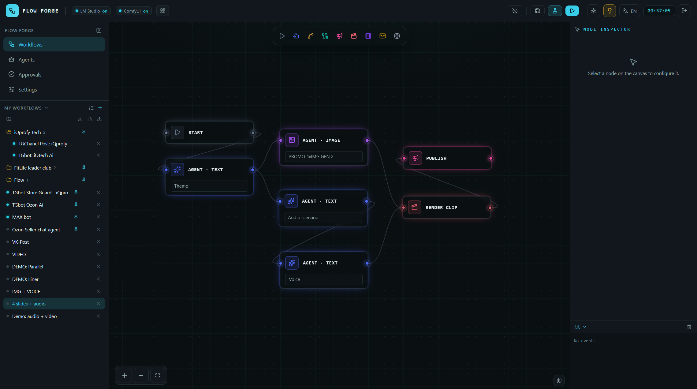 Скриншот Flow Forge — воркфлоу с агентами текста, изображения, аудио и сборки ролика