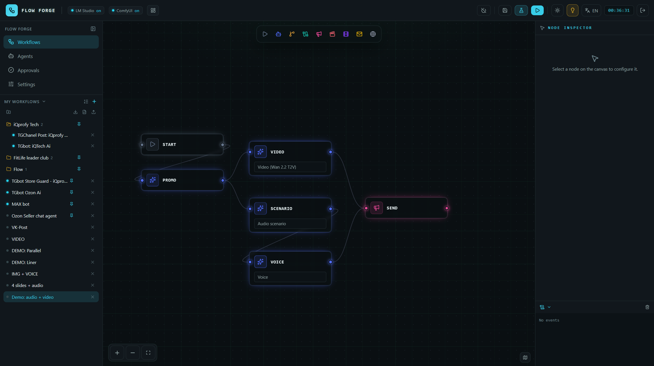 Скриншот Flow Forge — воркфлоу генерации видео с озвучкой