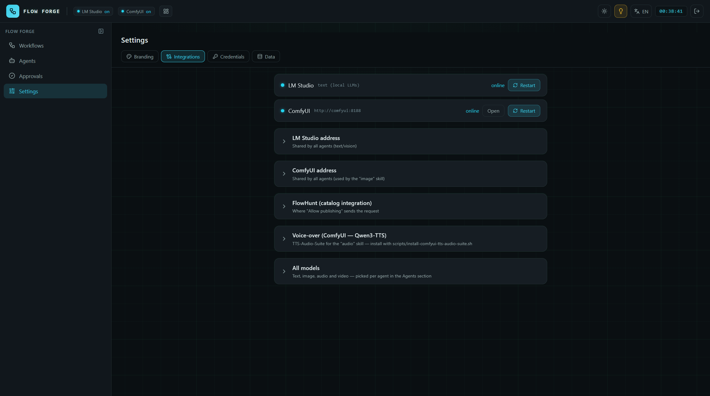 Скриншот Flow Forge — интеграции с LM Studio и ComfyUI
